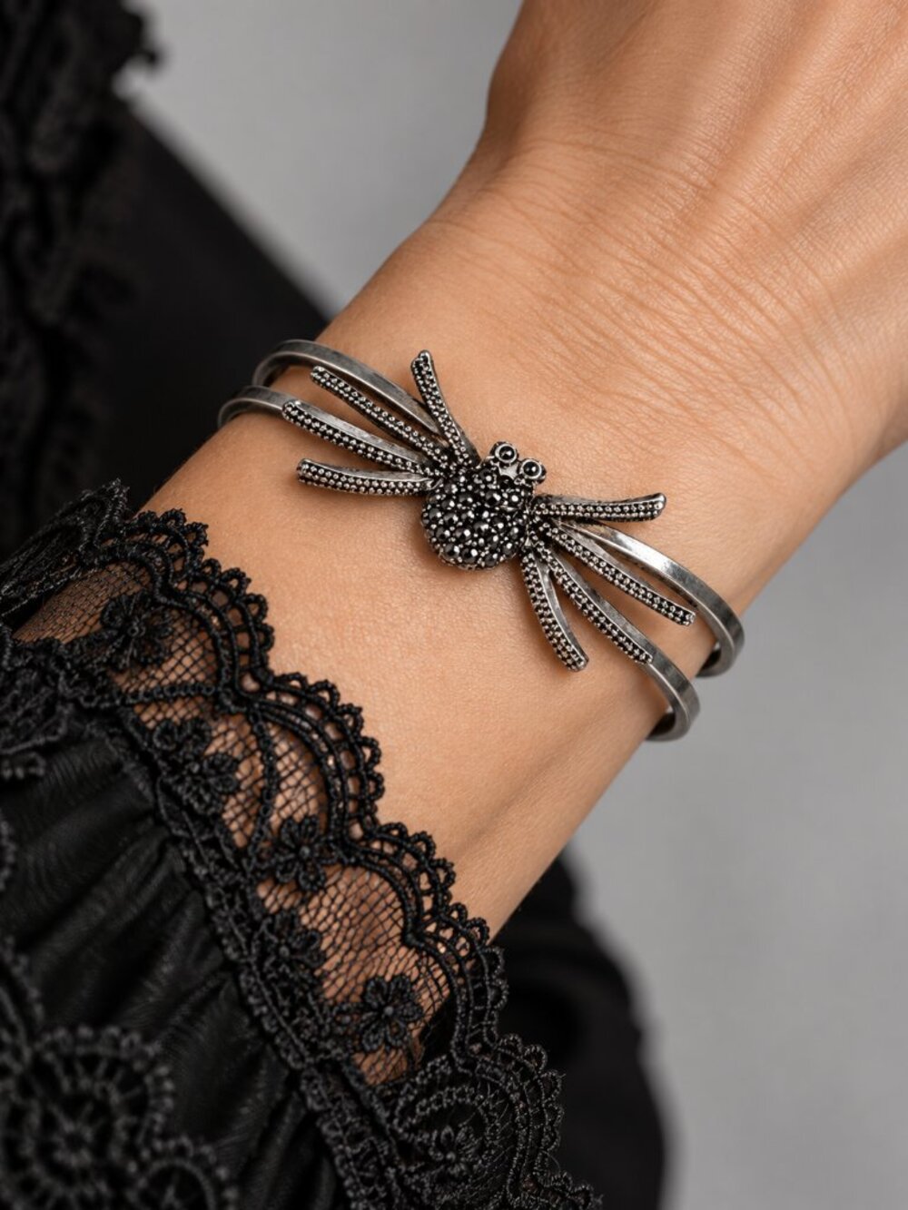 Gothic Spider Bracelet Silver Tone Hinged Double Band Statement Cuff